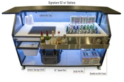 Complete Signature 62 portable bar setup showcasing professional features and accessories: hybrid bar top for extra workspace, dual ice bin configuration, stainless steel 42-inch speed rail, and LED-illuminated bottom storage shelf for maximum beverage capacity