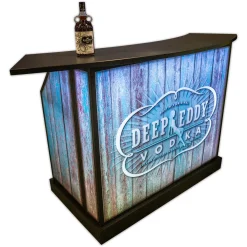 Fusion 48 Portable Bar with Rustic Beach Wood Vodka Branding Lighted 48 portable bar featuring a custom Deep Eddy Vodka rustic wood wrap, black bar top, and a base wheel cover.