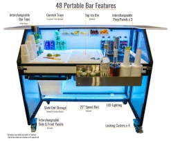 Fusion 48 Portable Bar Features Diagram Diagram detailing the bartender workspace features of the 48 portable bar including slide-out storage, 22 inch speed rail, and LED lighting.