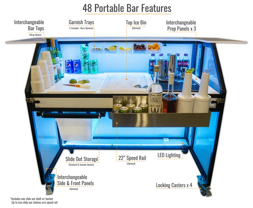 Fusion 48 Portable Bar Features Diagram Diagram detailing the bartender workspace features of the 48 portable bar including slide-out storage, 22 inch speed rail, and LED lighting.