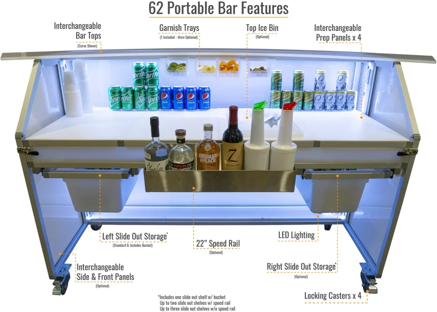 Signature 62 Portable Bar Features Diagram Diagram detailing the bartender workspace features of the Signature 62 portable bar including slide-out storage, 22 inch speed rail, and LED lighting.