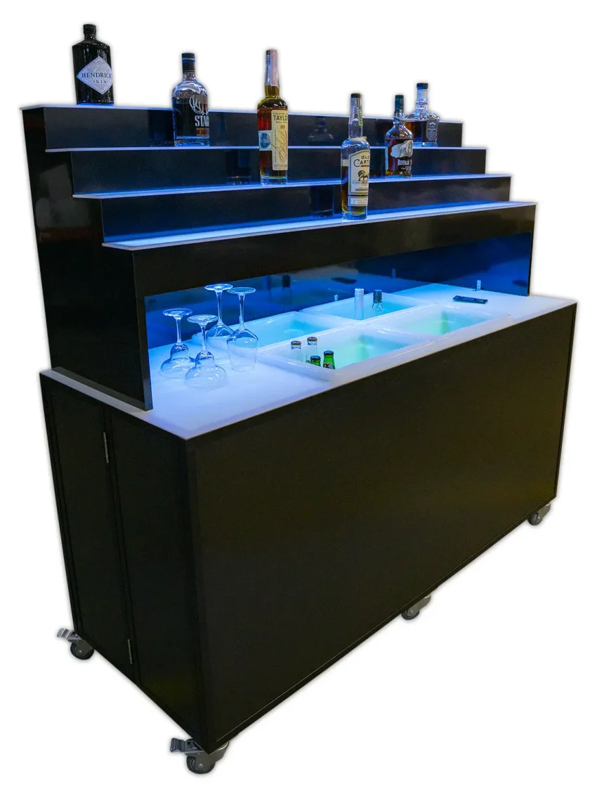 72 Portable Back Bar with LED Lighted Raised Liquor Display & Custom Ice Bin Configuration Black 72 Portable Back Bar on casters featuring an illuminated counter with prep bins and a multi-tier LED lighted liquor display.