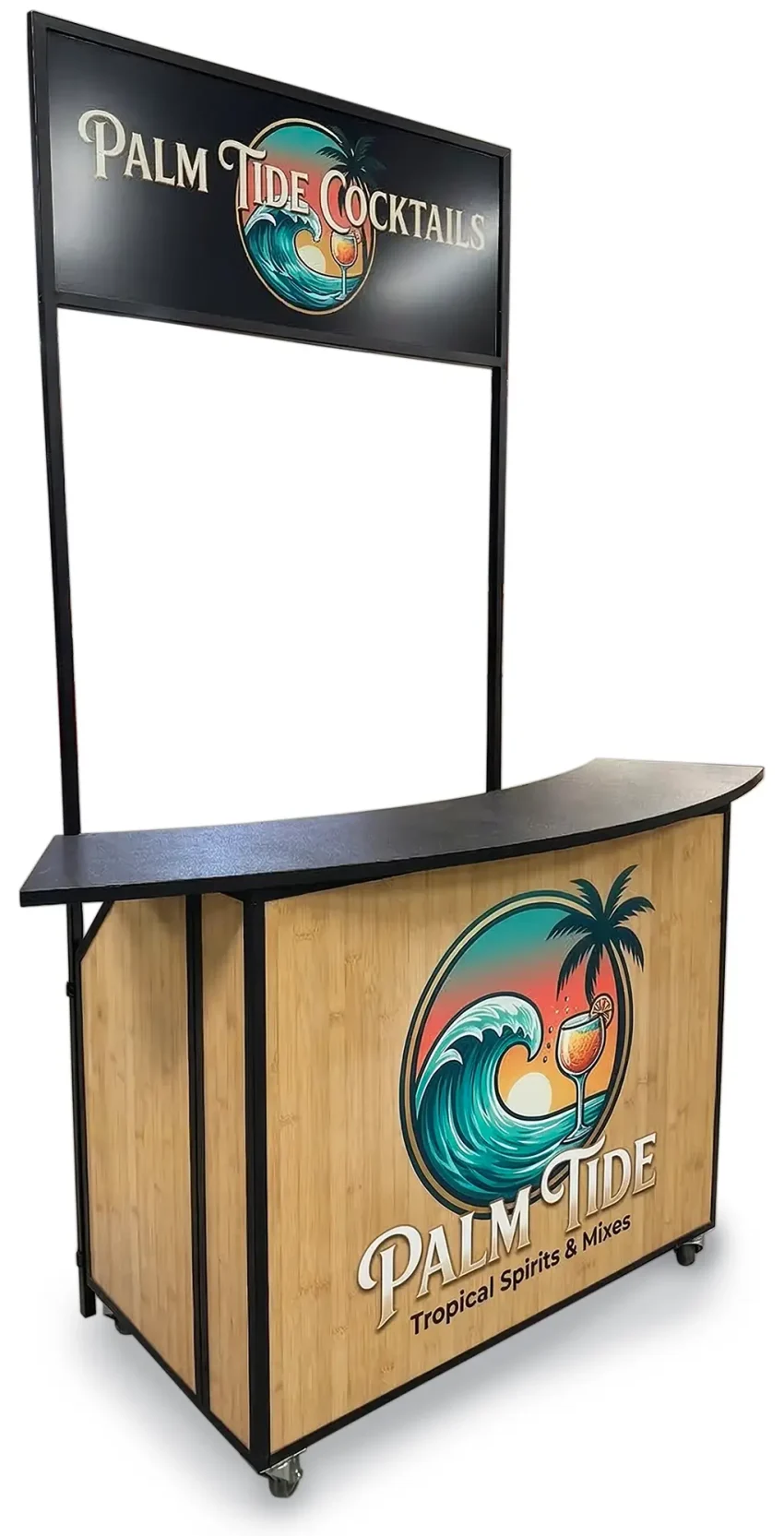 Fusion 48 portable bar featuring custom tropical bamboo graphics and a tall overhead branded sign attachment.