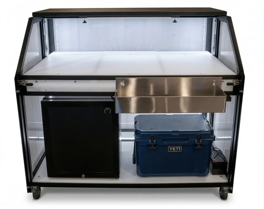 Portable Bar Bottom Storage Shelf with Mini Fridge and Cooler Bottom storage shelf installed on a portable bar holding a mini fridge and cooler