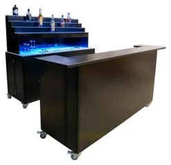 Signature 77 Portable Bar with 72 Back Bar and Raised LED Liquor Display Black Signature 77 Portable Bar stationed in front of a matching 72 Back Bar featuring a multi-tier LED lighted liquor display storage unit.