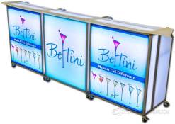 Mobile Mini Portable Bar - Modular Setup with Custom Tops Three unit modular mobile portable bar station featuring three Mobile Mini units with custom bar tops and LED branding